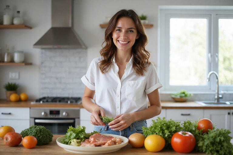 Donna sorridente che prepara un pasto sano e bilanciato in una cucina moderna