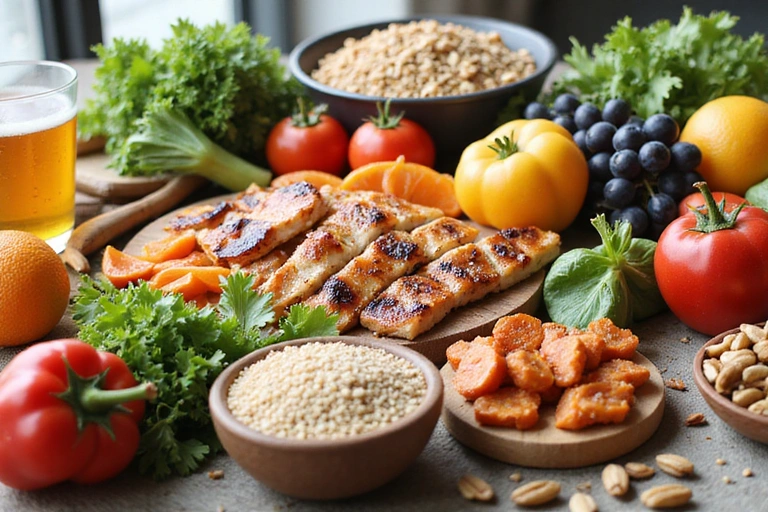 Tavolo con una varietà di cibi sani e colorati