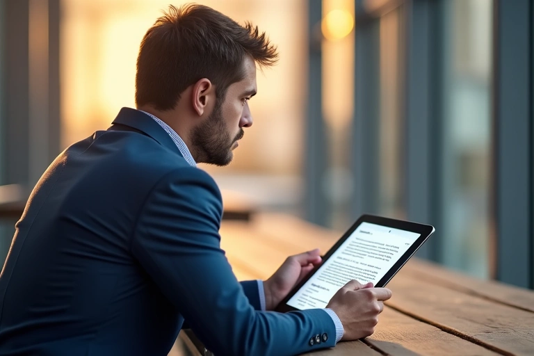 Uomo che legge un documento legale con tablet